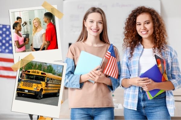 Students and school bus in the USA