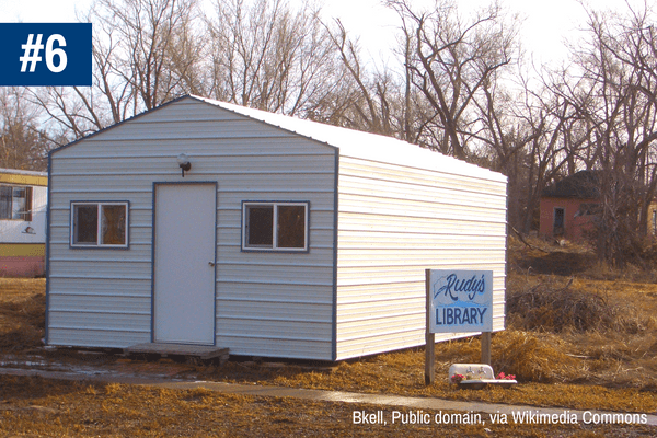 Rudy's Library in a corrugated iron shack in Monowi, Nebraska.